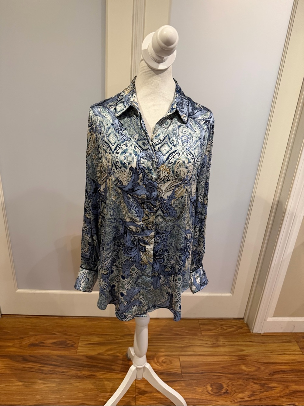 Chico's Blue Paisley Silk-Feel Button Down Shirt